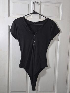 Rue21 Black Ribbed Short-Sleeve Henley Bodysuit